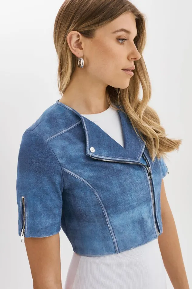 Women KIRSI Cropped Biker Jacket Distressed Indigo LAMARQUE Short Sleeve Jackets