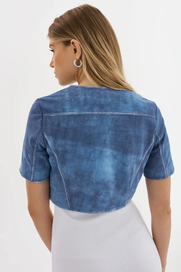 Women KIRSI Cropped Biker Jacket Distressed Indigo LAMARQUE Short Sleeve Jackets