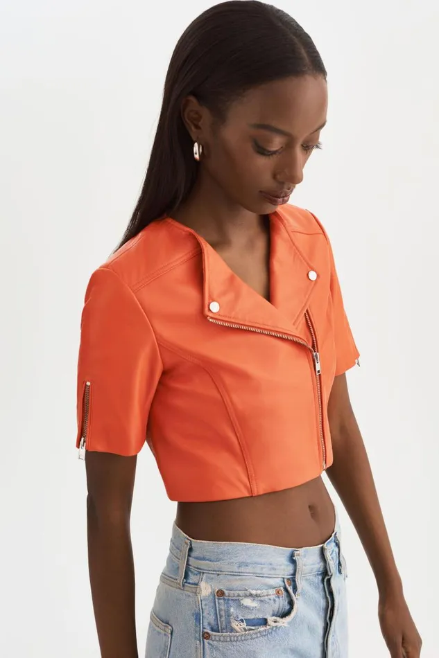 Women KIRSI Cropped Biker Jacket Spicy Orange LAMARQUE Short Sleeve Jackets