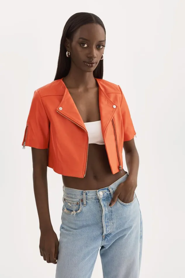 Women KIRSI Cropped Biker Jacket Spicy Orange LAMARQUE Short Sleeve Jackets
