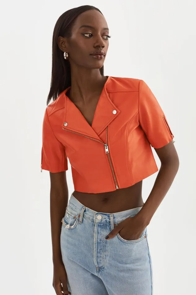 Women KIRSI Cropped Biker Jacket Spicy Orange LAMARQUE Short Sleeve Jackets