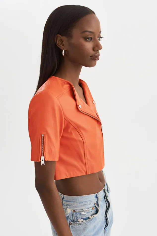 Women KIRSI Cropped Biker Jacket Spicy Orange LAMARQUE Short Sleeve Jackets