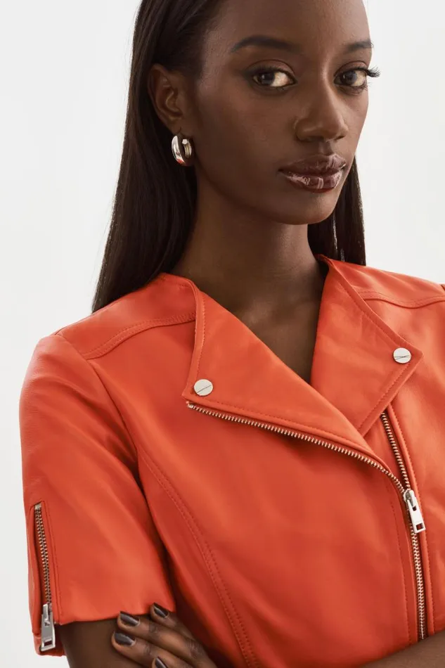 Women KIRSI Cropped Biker Jacket Spicy Orange LAMARQUE Short Sleeve Jackets