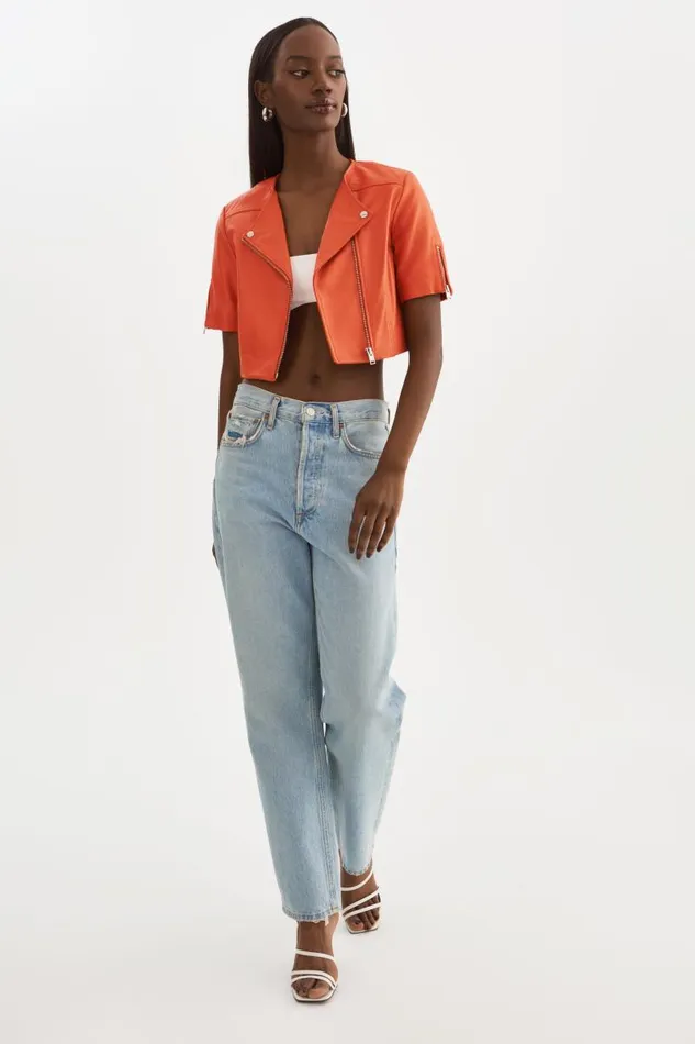 Women KIRSI Cropped Biker Jacket Spicy Orange LAMARQUE Short Sleeve Jackets