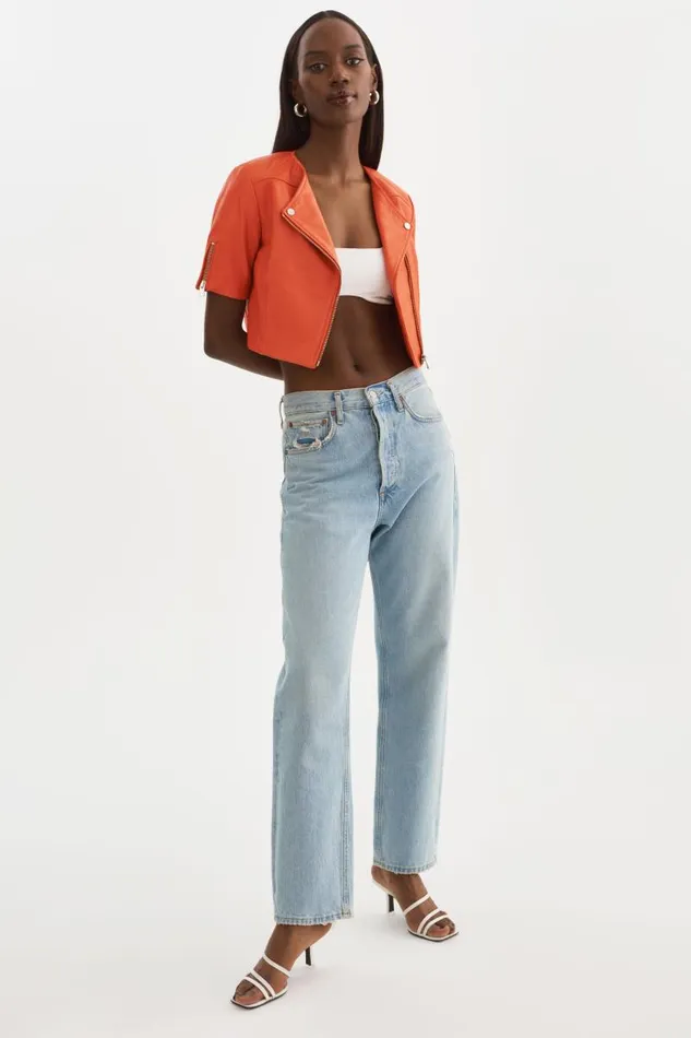 Women KIRSI Cropped Biker Jacket Spicy Orange LAMARQUE Short Sleeve Jackets