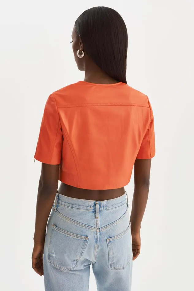 Women KIRSI Cropped Biker Jacket Spicy Orange LAMARQUE Short Sleeve Jackets