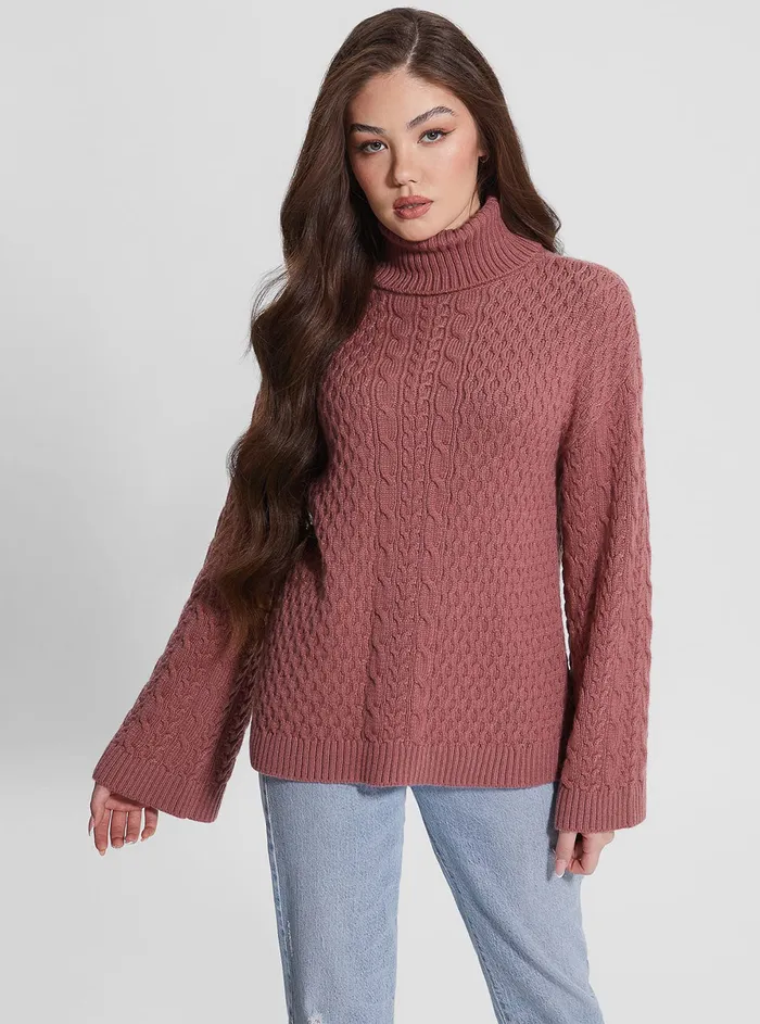 Women Knits and Sweaters GUESS Mauve Wendi Cable Knit Turtleneck Top