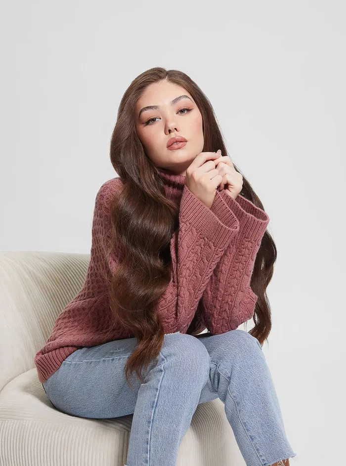 Women Knits and Sweaters GUESS Mauve Wendi Cable Knit Turtleneck Top Women Knits and Sweaters GUESS Mauve Wendi Cable Knit Turtleneck Top
