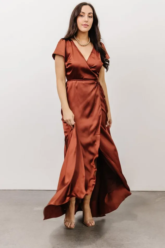Women Krystal Satin Wrap Gown Cinnamon Baltic Born Maxi Dresses