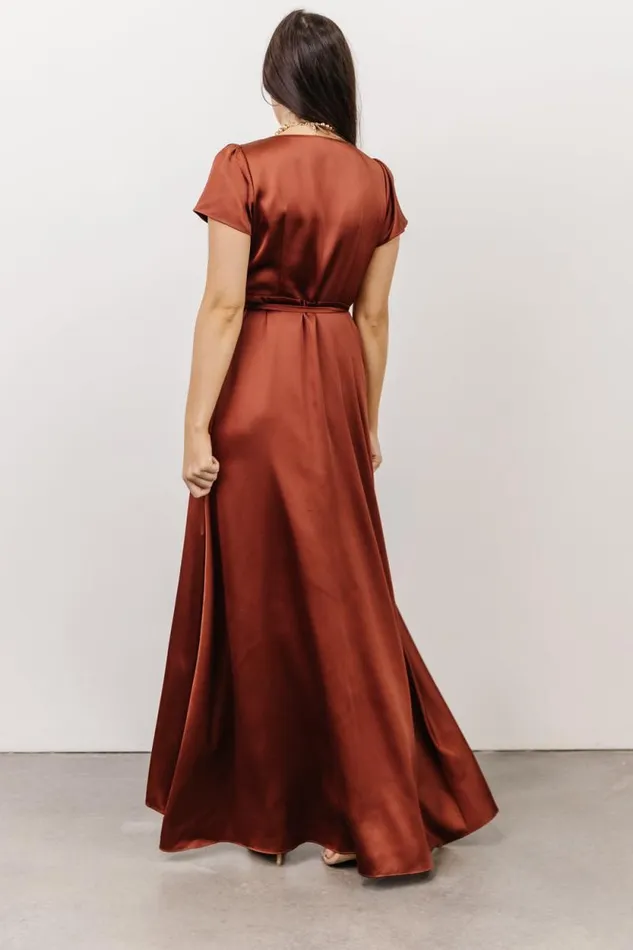 Women Krystal Satin Wrap Gown Cinnamon Baltic Born Maxi Dresses