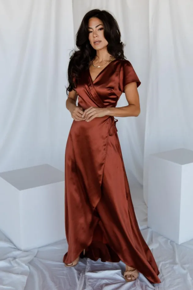 Women Krystal Satin Wrap Gown Cinnamon Baltic Born Maxi Dresses