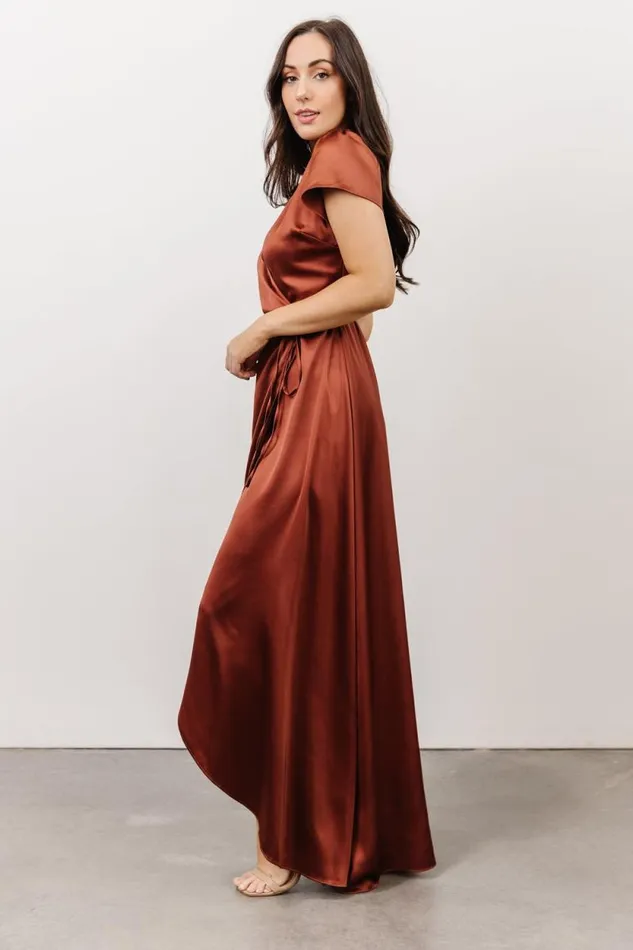 Women Krystal Satin Wrap Gown Cinnamon Baltic Born Maxi Dresses