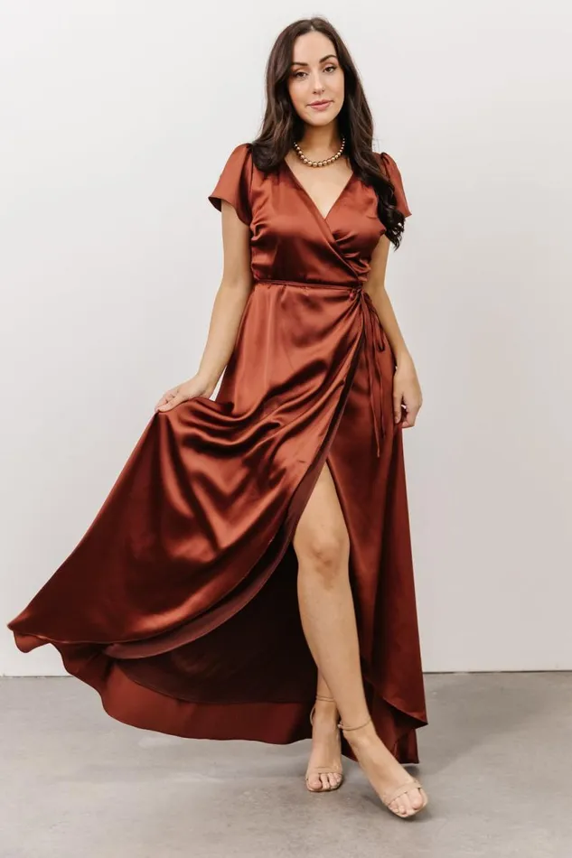 Women Krystal Satin Wrap Gown Cinnamon Baltic Born Maxi Dresses