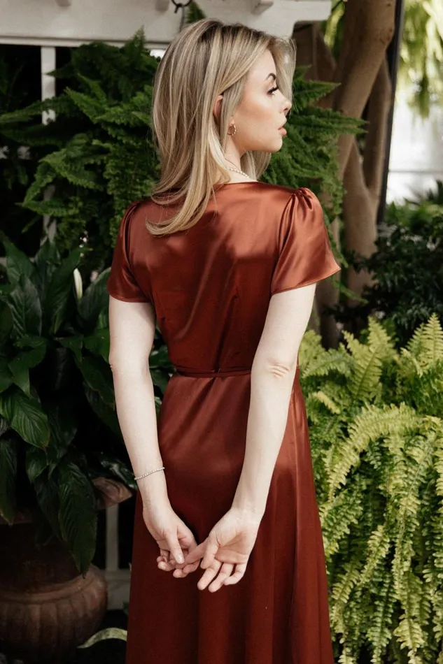 Women Krystal Satin Wrap Gown Cinnamon Baltic Born Maxi Dresses
