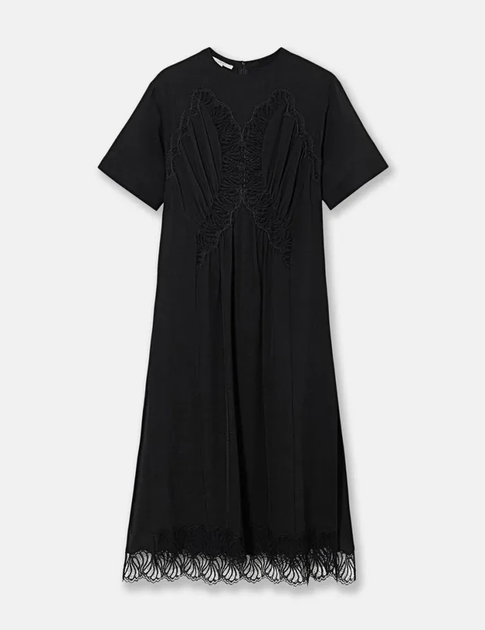 Women Lace Insert Short Sleeve Maxi Dress Midnight Black Stella McCartney Dresses