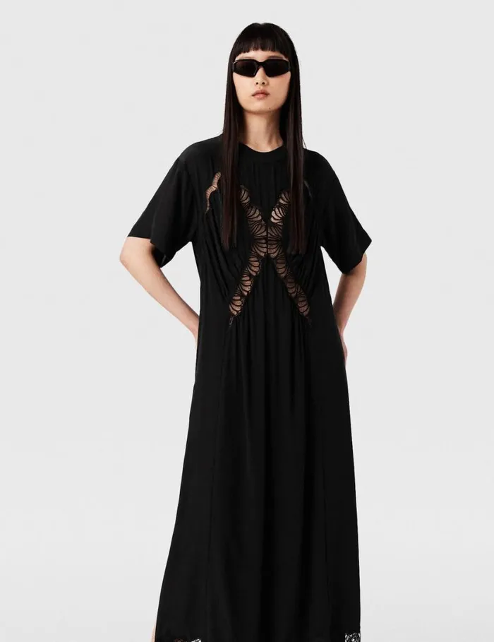 Women Lace Insert Short Sleeve Maxi Dress Midnight Black Stella McCartney Dresses Women Lace Insert Short Sleeve Maxi Dress Midnight Black Stella McCartney Dresses
