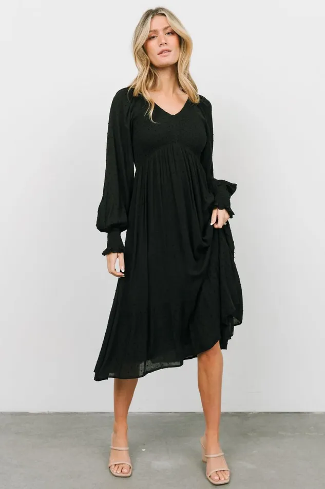 Women Lainey Smocked Dotted Midi Dress Black Baltic Born Midi Dresses