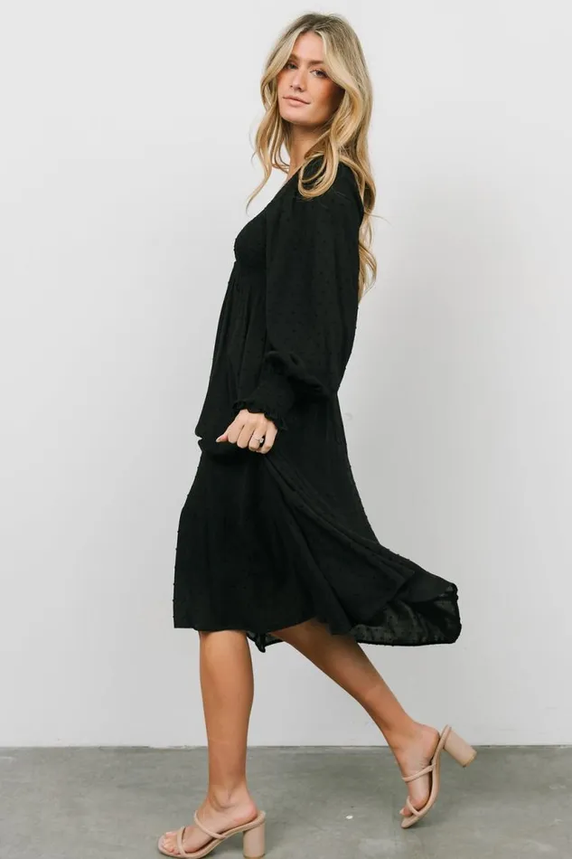 Women Lainey Smocked Dotted Midi Dress Black Baltic Born Midi Dresses