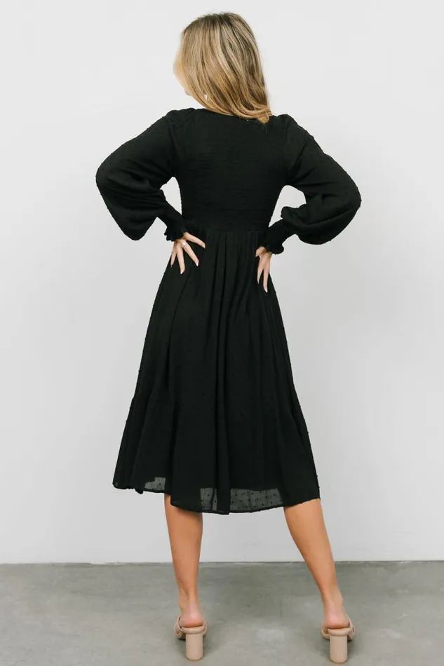 Women Lainey Smocked Dotted Midi Dress Black Baltic Born Midi Dresses