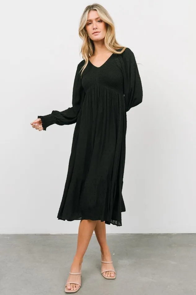 Women Lainey Smocked Dotted Midi Dress Black Baltic Born Midi Dresses