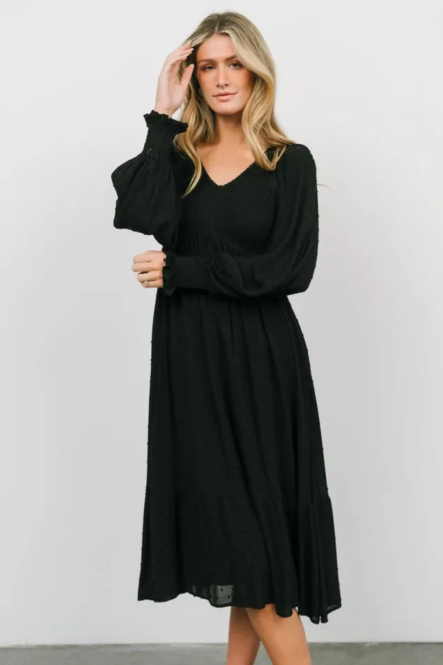 Women Lainey Smocked Dotted Midi Dress Black Baltic Born Midi Dresses