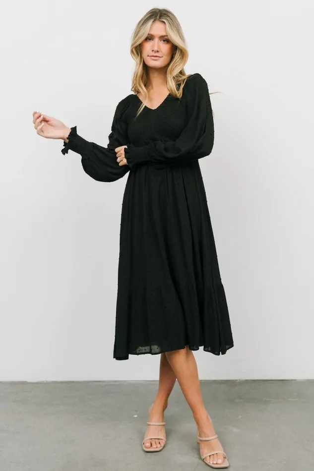 Women Lainey Smocked Dotted Midi Dress Black Baltic Born Midi Dresses