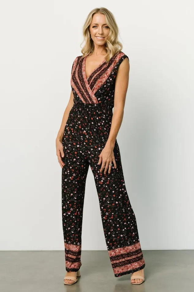 Women Lana Smocked Jumpsuit Black Floral Baltic Born Jumpsuits and Rompers