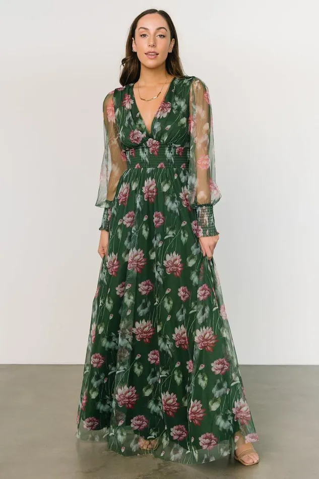 Women Layla Tulle Maxi Dress Green Pink Floral Baltic Born Bump Friendly