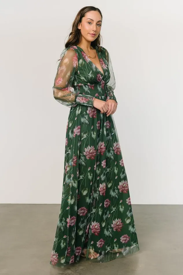 Women Layla Tulle Maxi Dress Green Pink Floral Baltic Born Bump Friendly Women Layla Tulle Maxi Dress Green Pink Floral Baltic Born Bump Friendly