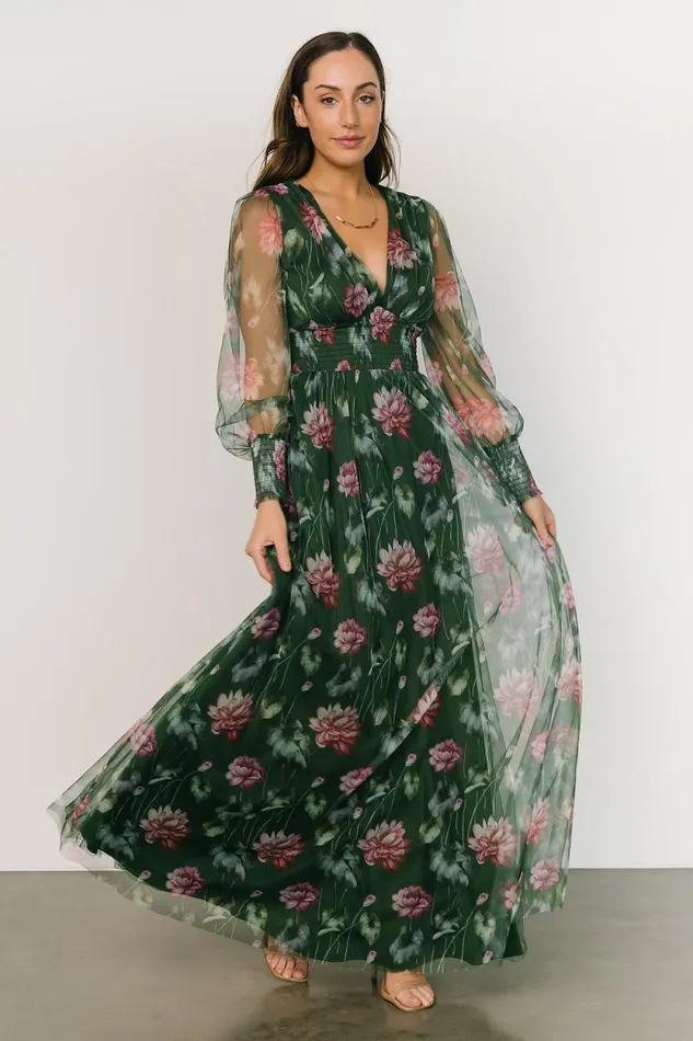 Women Layla Tulle Maxi Dress Green Pink Floral Baltic Born Bump Friendly Women Layla Tulle Maxi Dress Green Pink Floral Baltic Born Bump Friendly