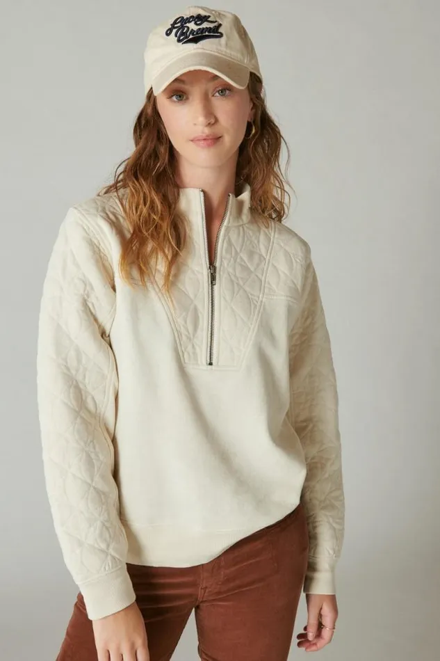 Women Lucky Brand Activewear Quilted Half Zip Popover Eggnog