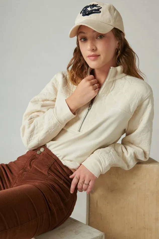 Women Lucky Brand Activewear Quilted Half Zip Popover Eggnog