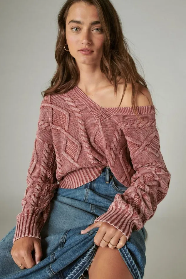 Women Lucky Brand All Tops Cable Stitch V Neck Pullover Apple Butter Heavy Acid Washed