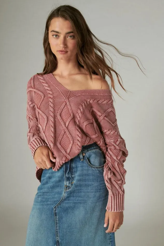 Women Lucky Brand All Tops Cable Stitch V Neck Pullover Apple Butter Heavy Acid Washed