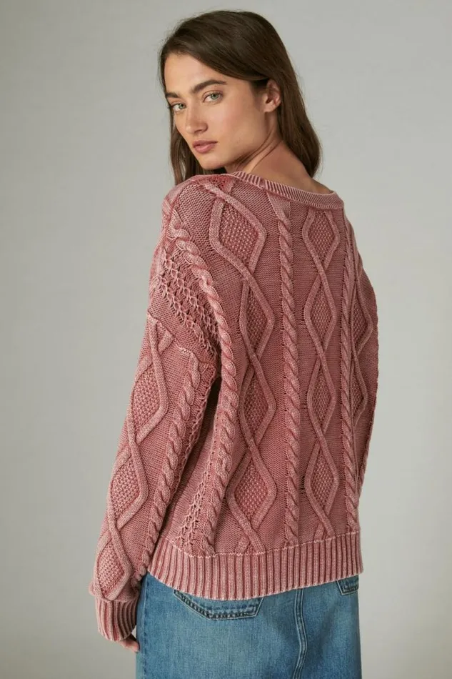 Women Lucky Brand All Tops Cable Stitch V Neck Pullover Apple Butter Heavy Acid Washed
