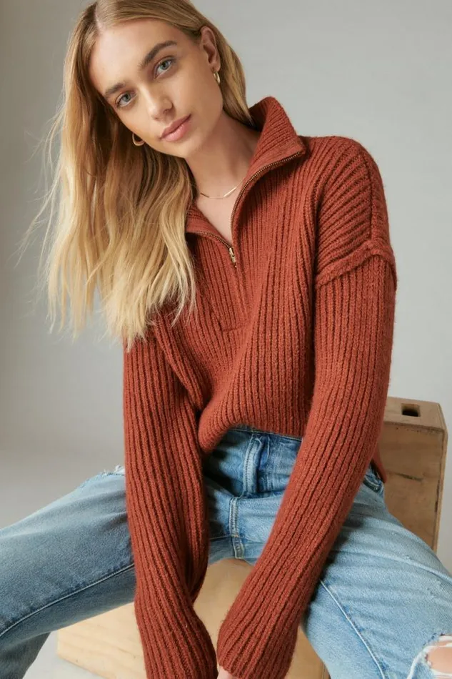 Women Lucky Brand All Tops Half Zip Pullover Sweater Terracota Acid Washed