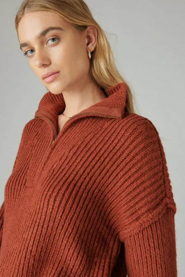 Women Lucky Brand All Tops Half Zip Pullover Sweater Terracota Acid Washed