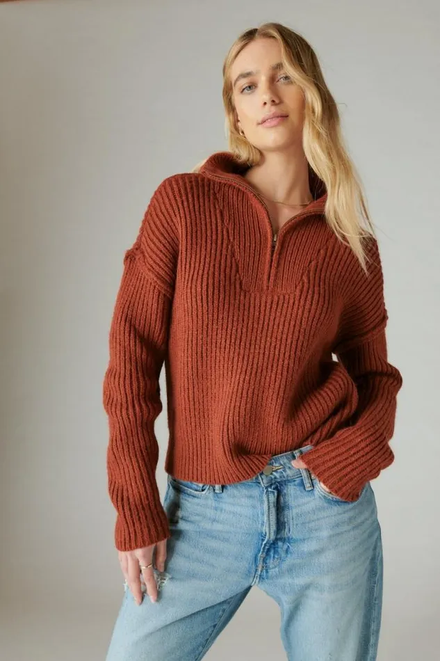 Women Lucky Brand All Tops Half Zip Pullover Sweater Terracota Acid Washed