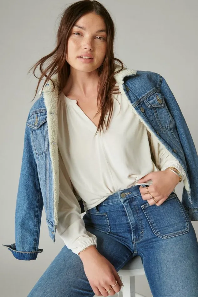 Women Lucky Brand All Tops Long Sleeve Notched Neck Sandwash Top Ethereal White