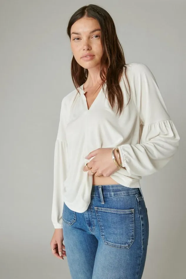 Women Lucky Brand All Tops Long Sleeve Notched Neck Sandwash Top Ethereal White