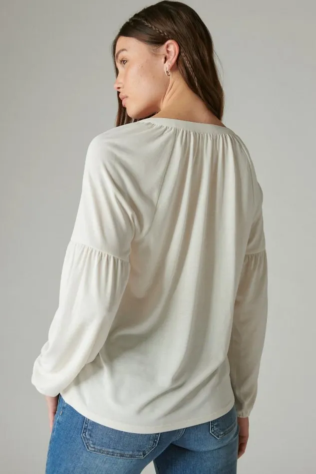 Women Lucky Brand All Tops Long Sleeve Notched Neck Sandwash Top Ethereal White