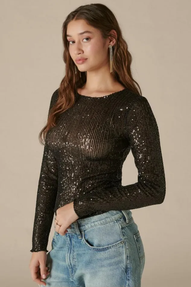 Women Lucky Brand All Tops Sequin Knit Top Black