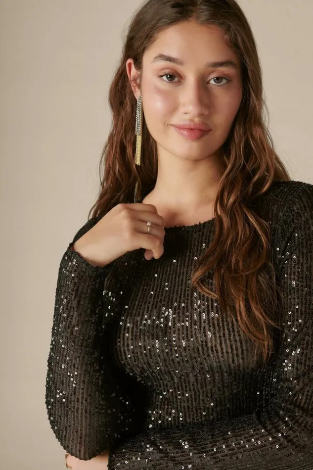 Women Lucky Brand All Tops Sequin Knit Top Black