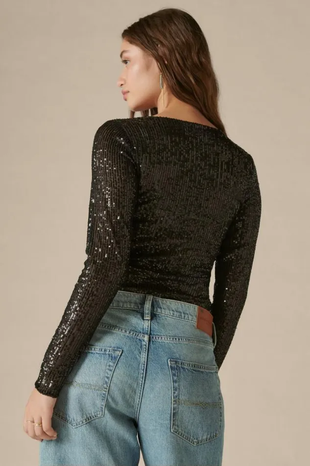 Women Lucky Brand All Tops Sequin Knit Top Black