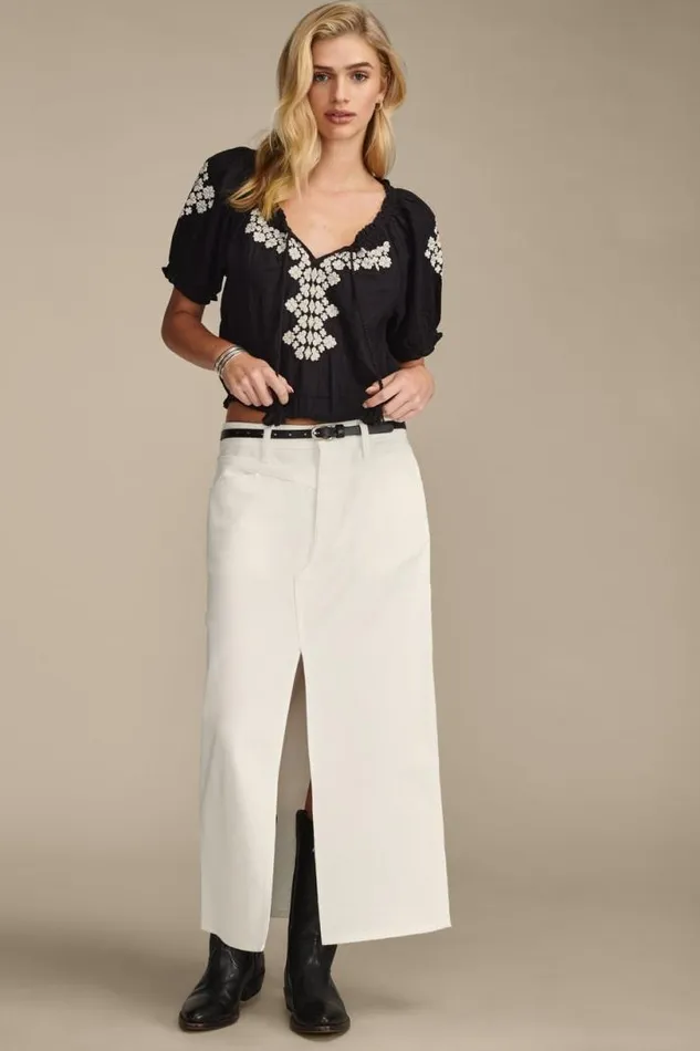 Women Lucky Brand All Tops Short Sleeve Geo Embroidered Peasant Top Jet Black