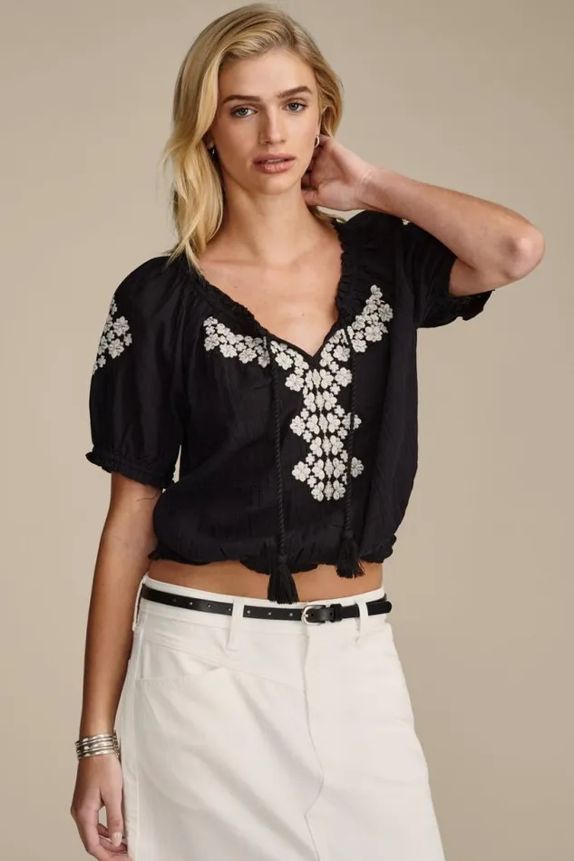 Women Lucky Brand All Tops Short Sleeve Geo Embroidered Peasant Top Jet Black