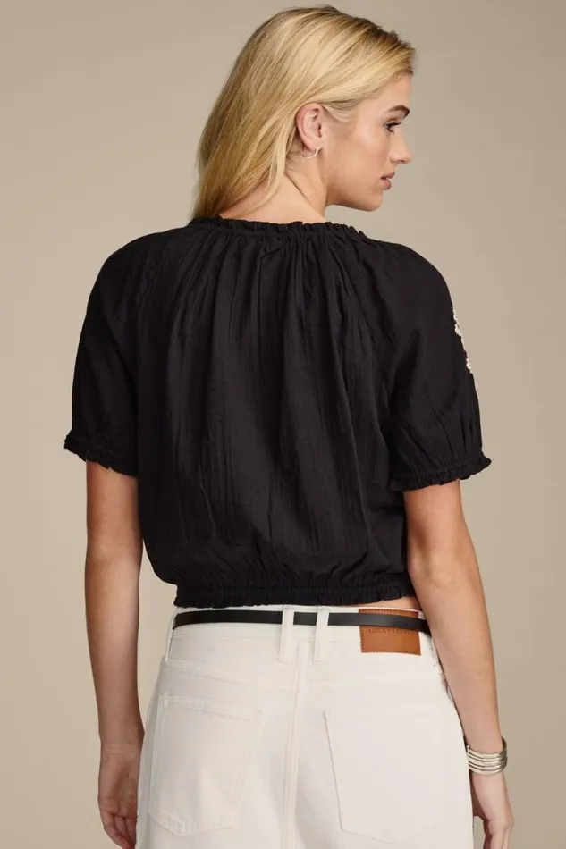 Women Lucky Brand All Tops Short Sleeve Geo Embroidered Peasant Top Jet Black