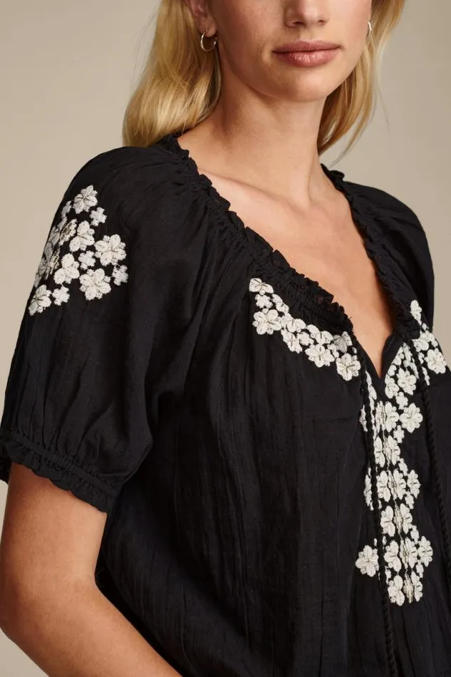 Women Lucky Brand All Tops Short Sleeve Geo Embroidered Peasant Top Jet Black