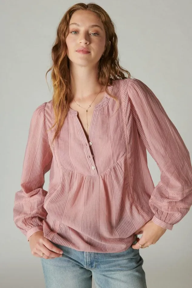 Women Lucky Brand All Tops Smocked Button Through Blouse Zephyr Pink Stripe