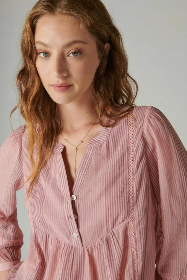 Women Lucky Brand All Tops Smocked Button Through Blouse Zephyr Pink Stripe